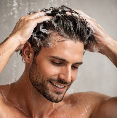 Mann duscht mit einem Haarsystem