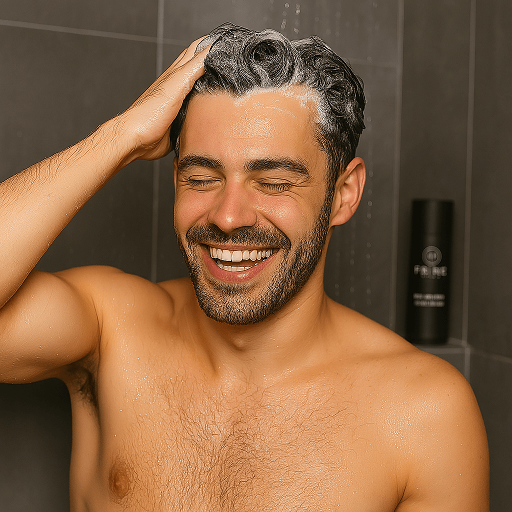 Mann in der Dusche der Prime Hair Shampoo verwendet